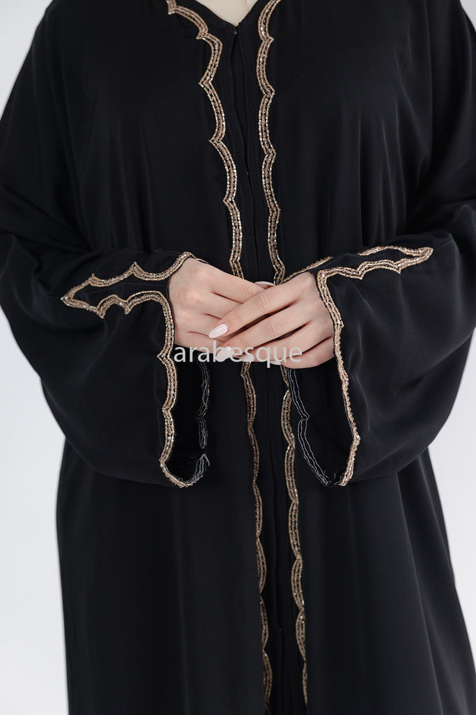 Black Open Abaya – Luxury Embellished Design with Golden Beads