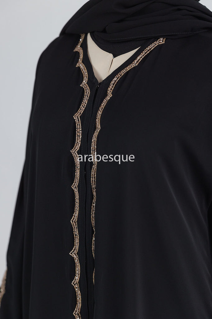Black Open Abaya – Luxury Embellished Design with Golden Beads