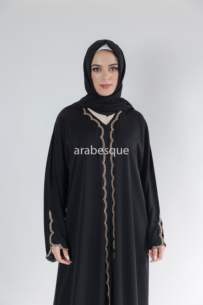 Black Open Abaya – Luxury Embellished Design with Golden Beads