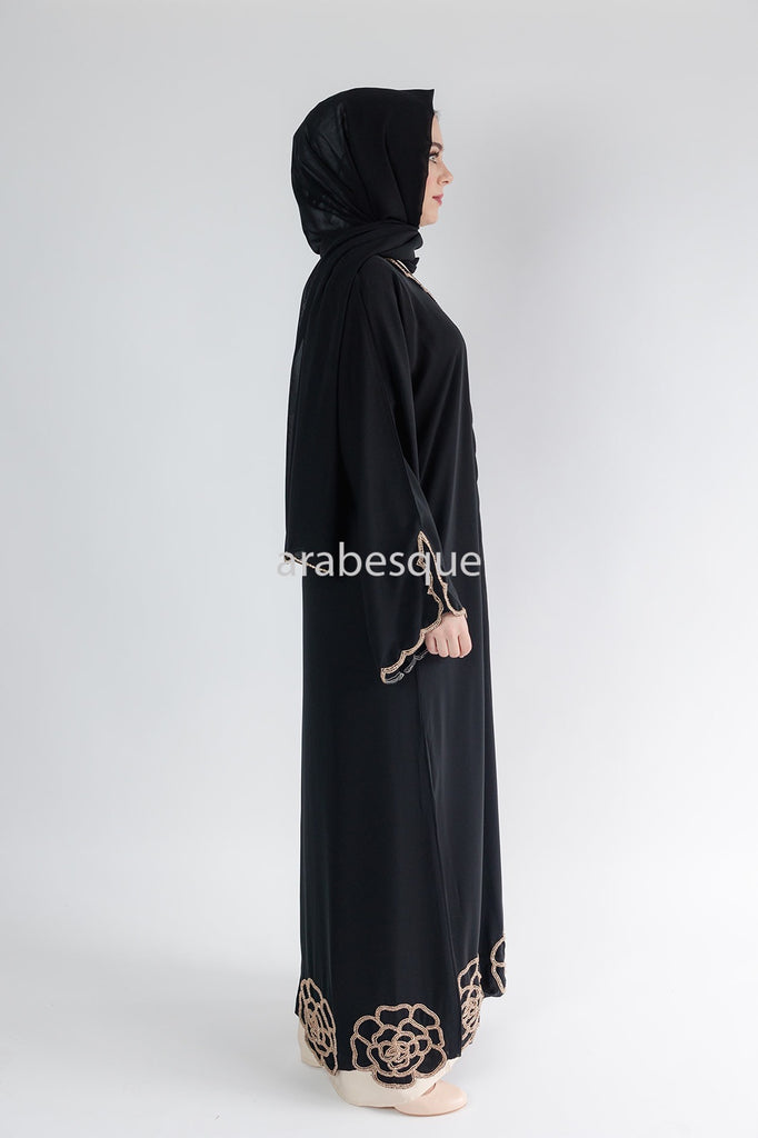Black Open Abaya – Luxury Embellished Design with Golden Beads