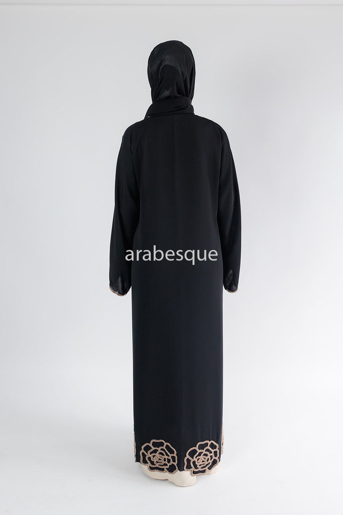 Black Open Abaya – Luxury Embellished Design with Golden Beads
