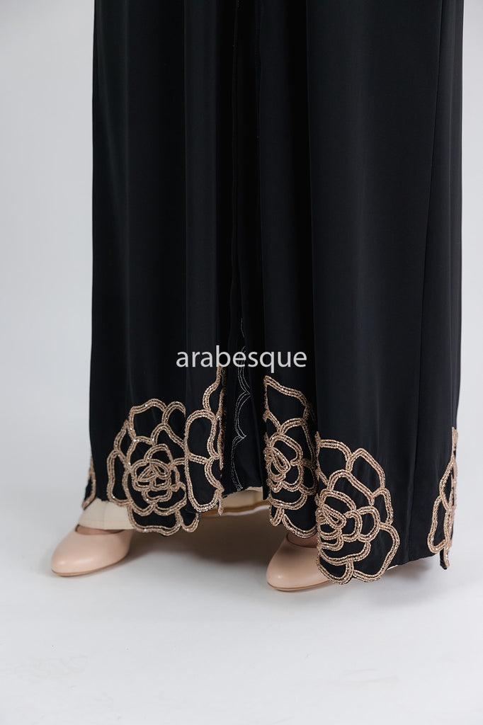 Black Open Abaya – Luxury Embellished Design with Golden Beads