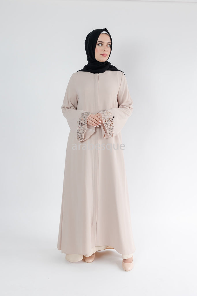 Beige Luxury Open Abaya with Zip, Embellished Sleeves & Pockets