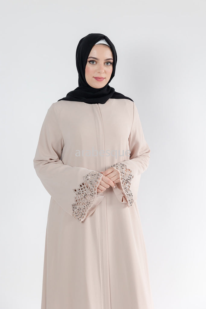 Beige Luxury Open Abaya with Zip, Embellished Sleeves & Pockets