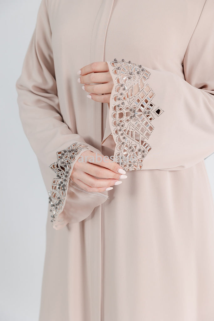 Beige Luxury Open Abaya with Zip, Embellished Sleeves & Pockets