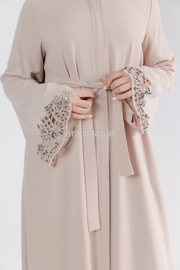 Beige Luxury Open Abaya with Zip, Embellished Sleeves & Pockets