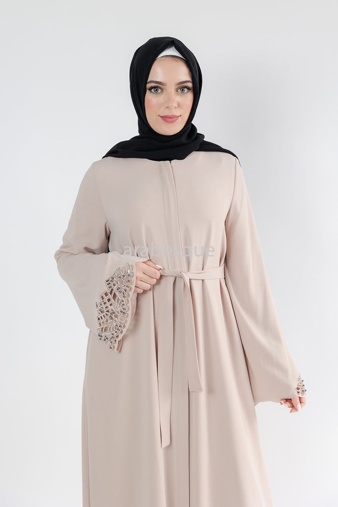 Beige Luxury Open Abaya with Zip, Embellished Sleeves & Pockets