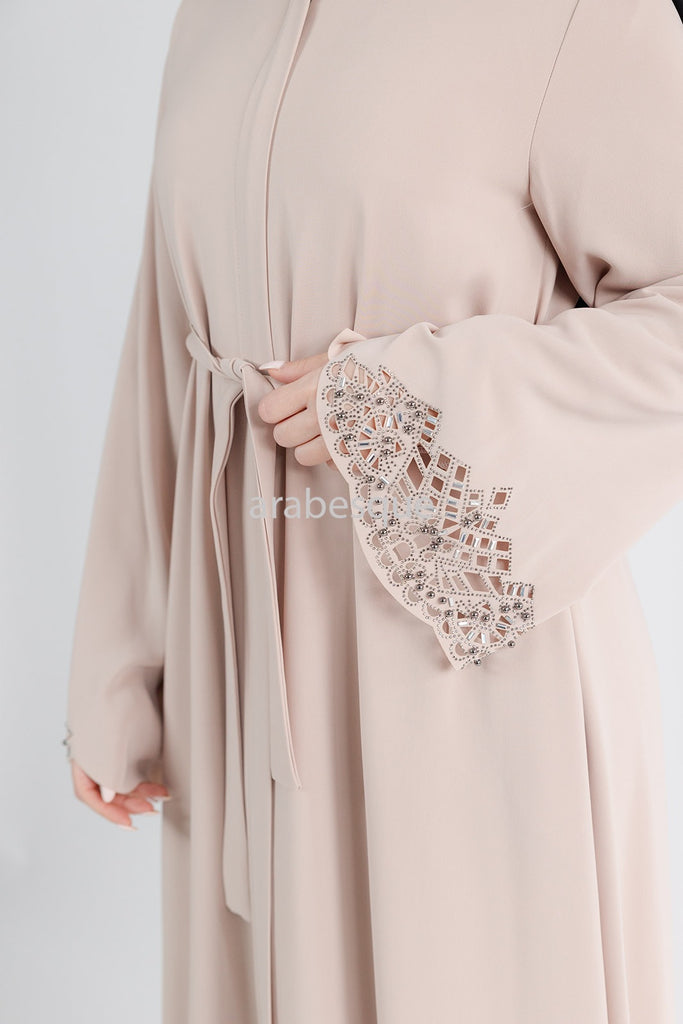 Beige Luxury Open Abaya with Zip, Embellished Sleeves & Pockets