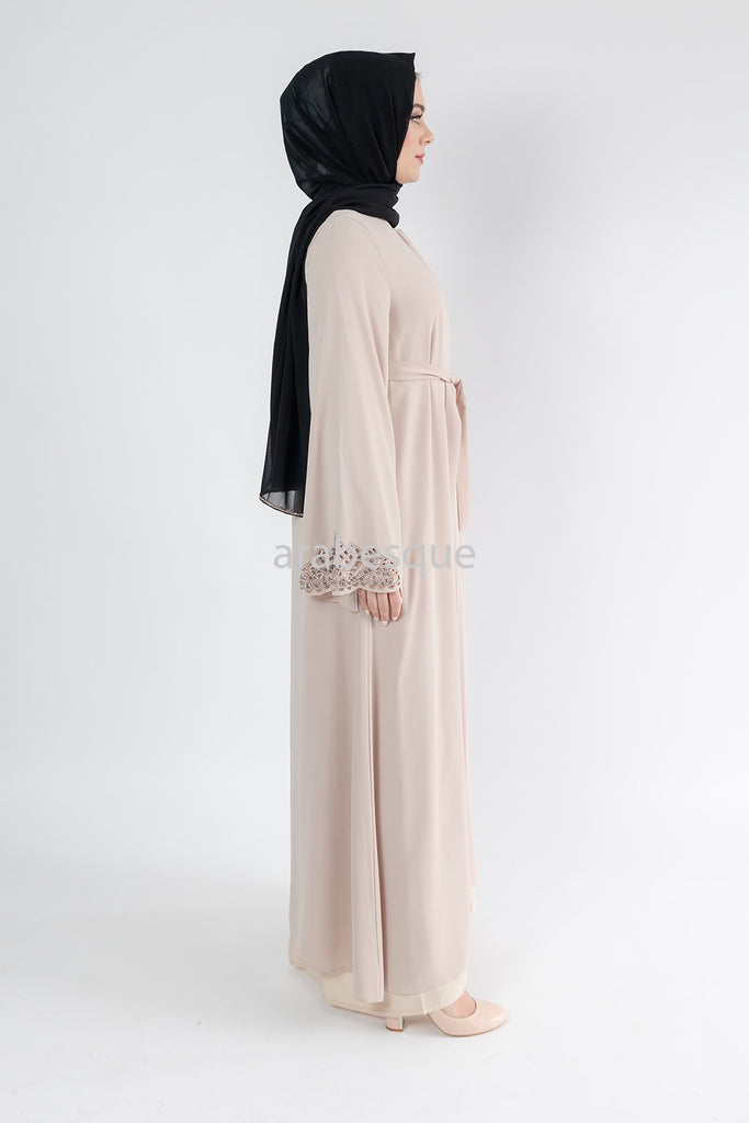 Beige Luxury Open Abaya with Zip, Embellished Sleeves & Pockets
