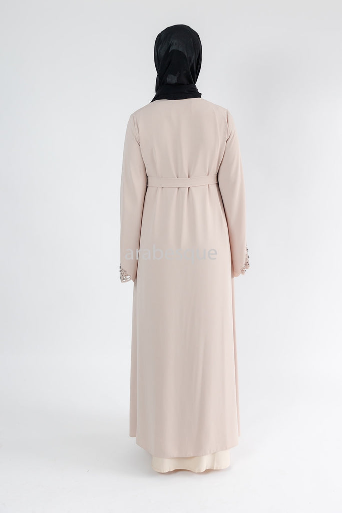Beige Luxury Open Abaya with Zip, Embellished Sleeves & Pockets
