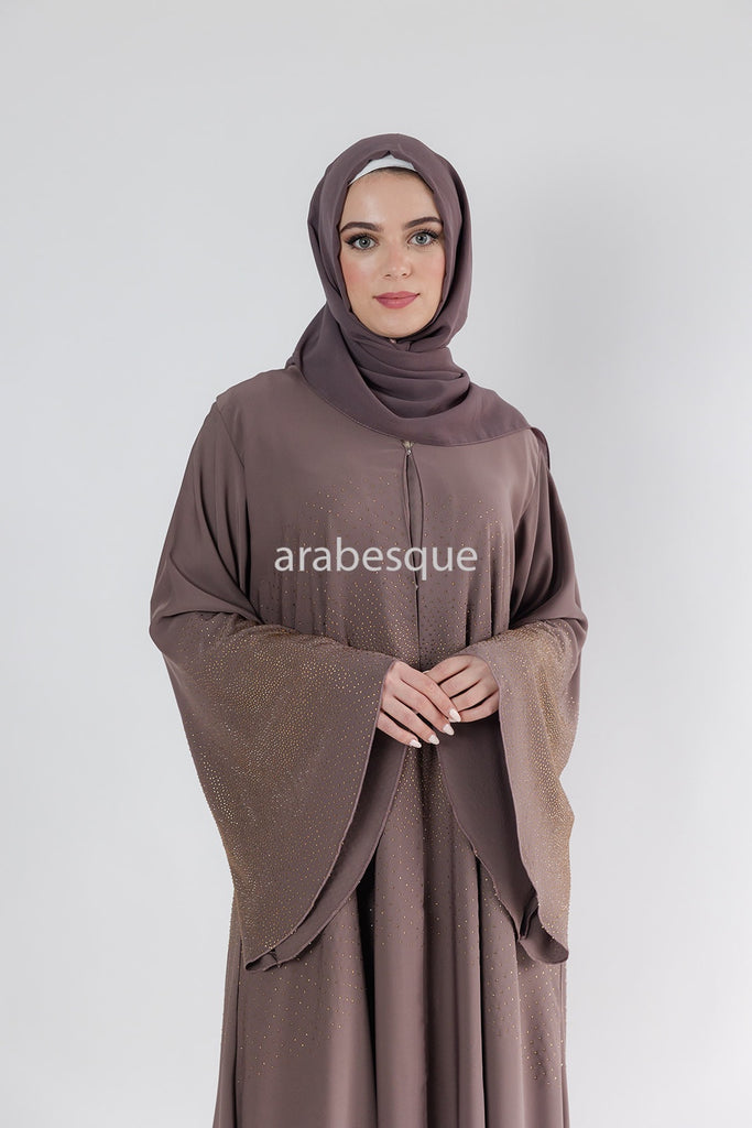 Taupe Brown Open Abaya – Luxury Nidha Fabric with Embellished Bell Sleeves