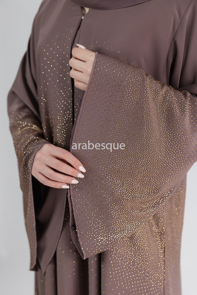 Taupe Brown Open Abaya – Luxury Nidha Fabric with Embellished Bell Sleeves