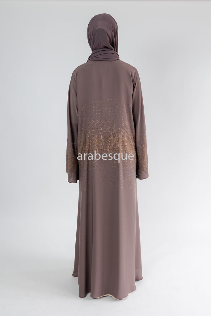 Taupe Brown Open Abaya – Luxury Nidha Fabric with Embellished Bell Sleeves