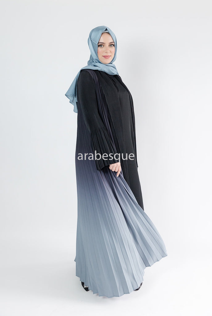 Black & Blue Open Abaya – Luxury Pleated Ombre Design