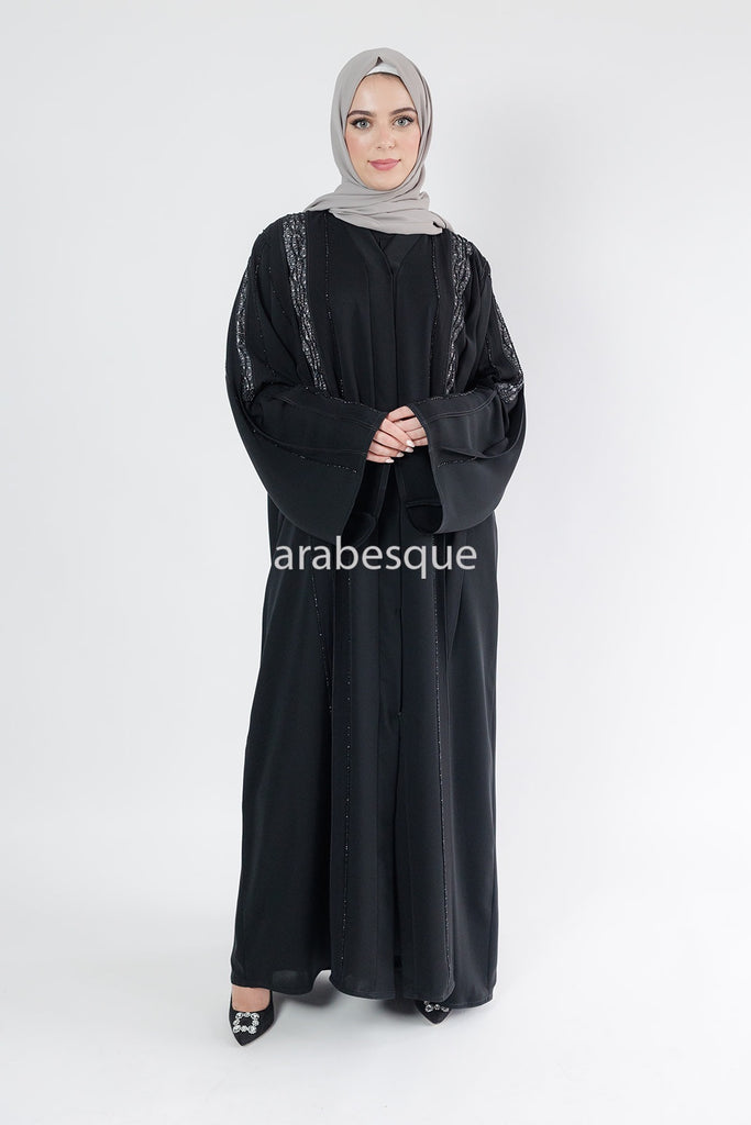 Black Open Abaya – Luxury Diamante and Lace Detailing