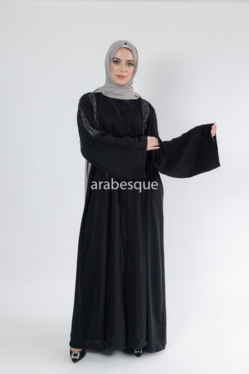 Luxury Black Open Abaya with Diamante and Lace Detailing