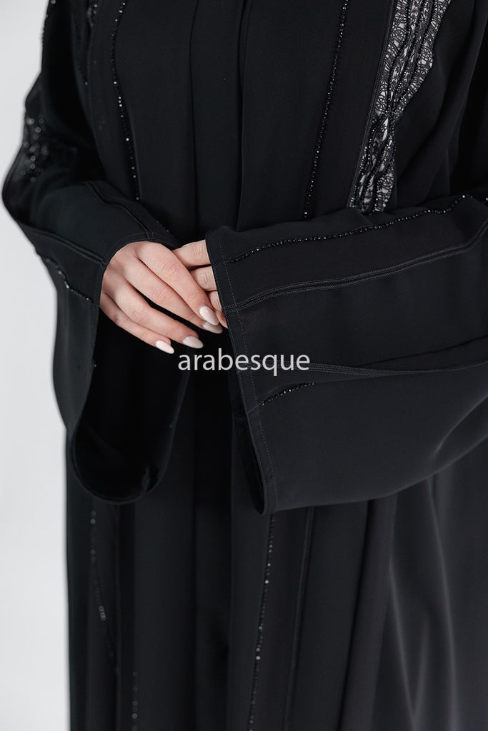 Black Open Abaya – Luxury Diamante and Lace Detailing