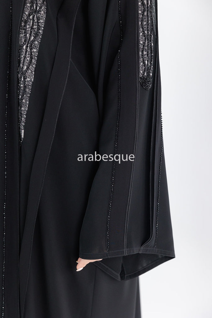 Black Open Abaya – Luxury Diamante and Lace Detailing