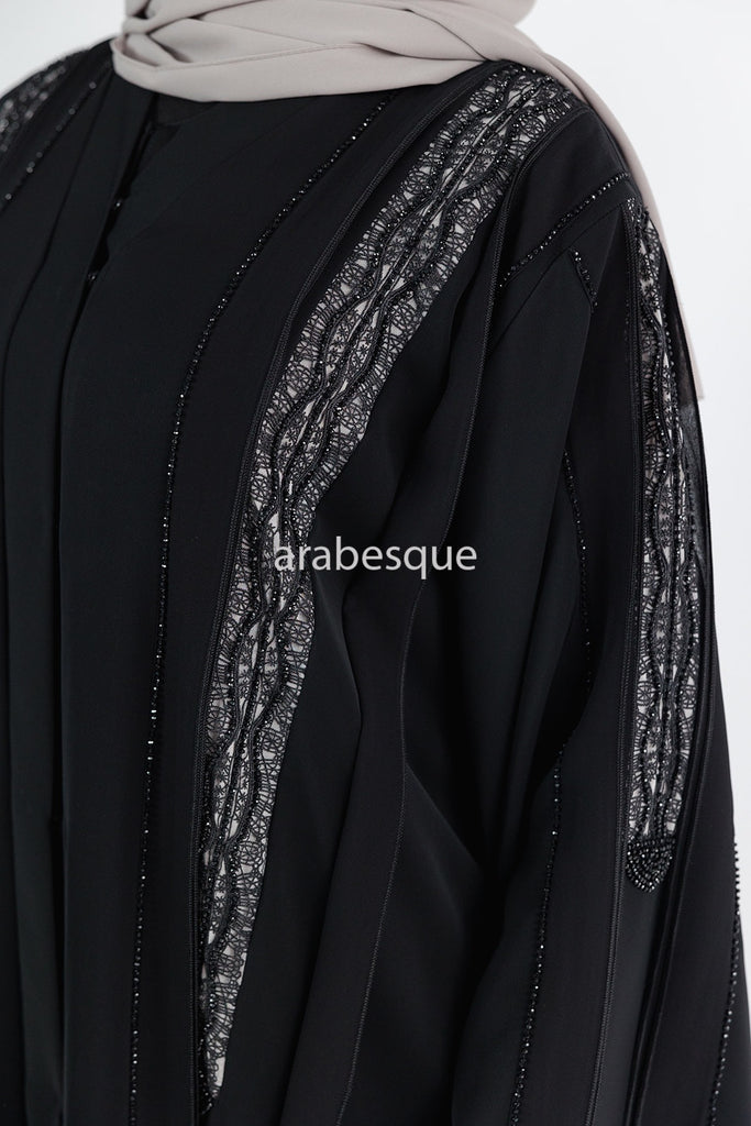 Black Open Abaya – Luxury Diamante and Lace Detailing