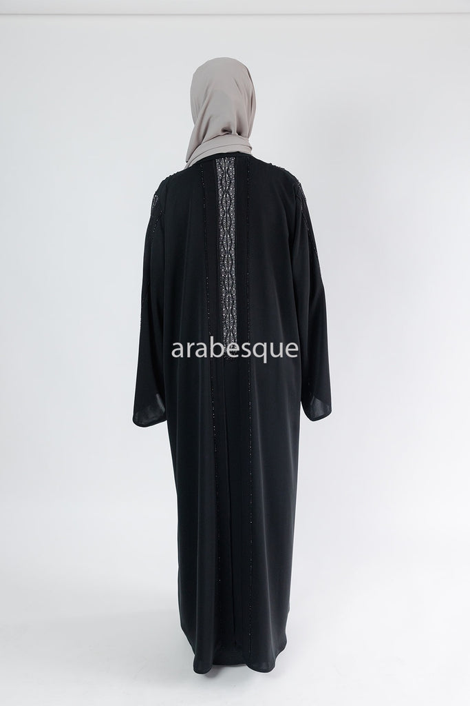 Black Open Abaya – Luxury Diamante and Lace Detailing