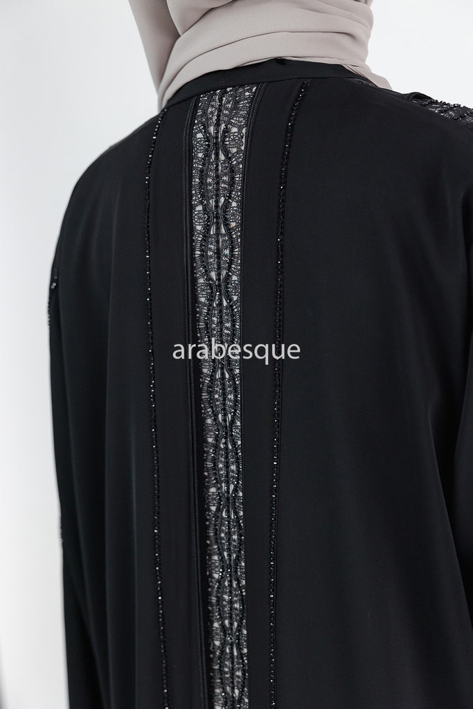Black Open Abaya – Luxury Diamante and Lace Detailing