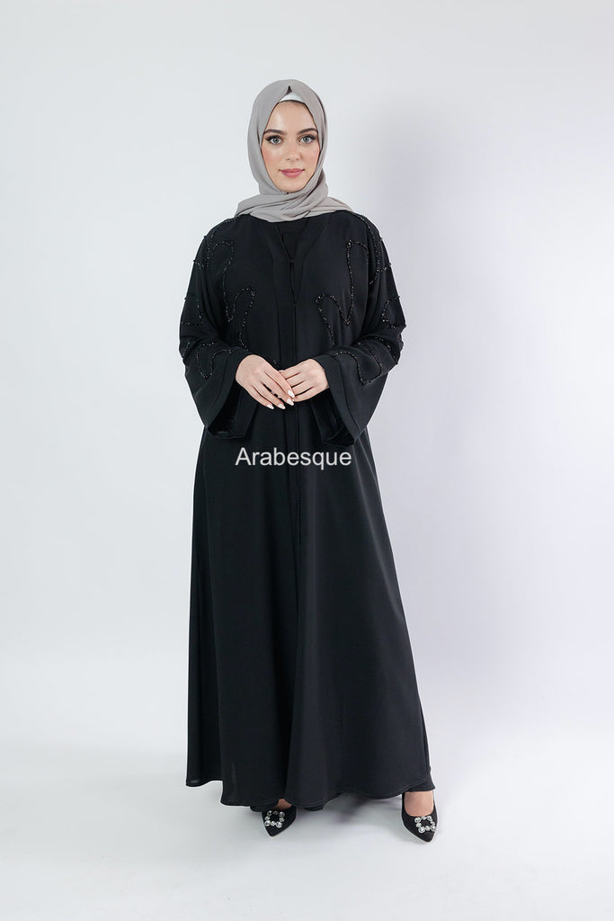 Black Open Abaya – Luxury Front Beaded Design