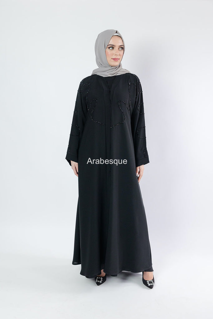 Black Open Abaya – Luxury Front Beaded Design