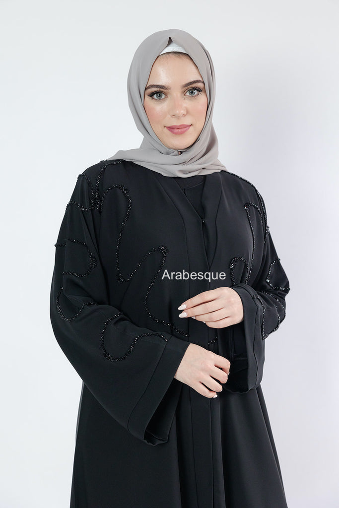 Black Open Abaya – Luxury Front Beaded Design