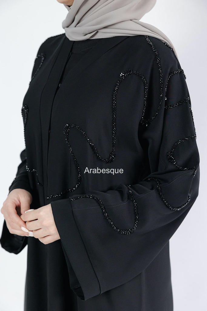 Black Open Abaya – Luxury Front Beaded Design