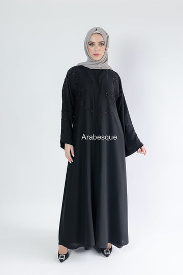Luxury Black Beaded Front Detail Open Abaya