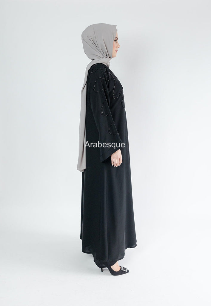 Black Open Abaya – Luxury Front Beaded Design