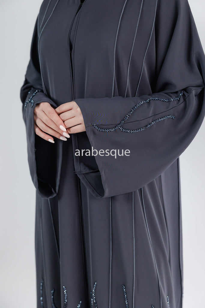 Grey Open Abaya – Luxury Threaded Beadwork Detailing
