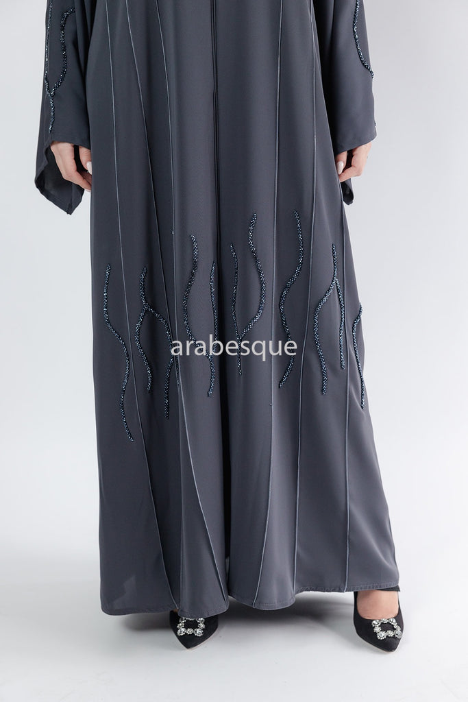 Grey Open Abaya – Luxury Threaded Beadwork Detailing