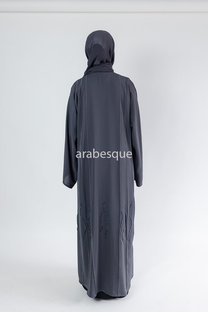 Grey Open Abaya – Luxury Threaded Beadwork Detailing