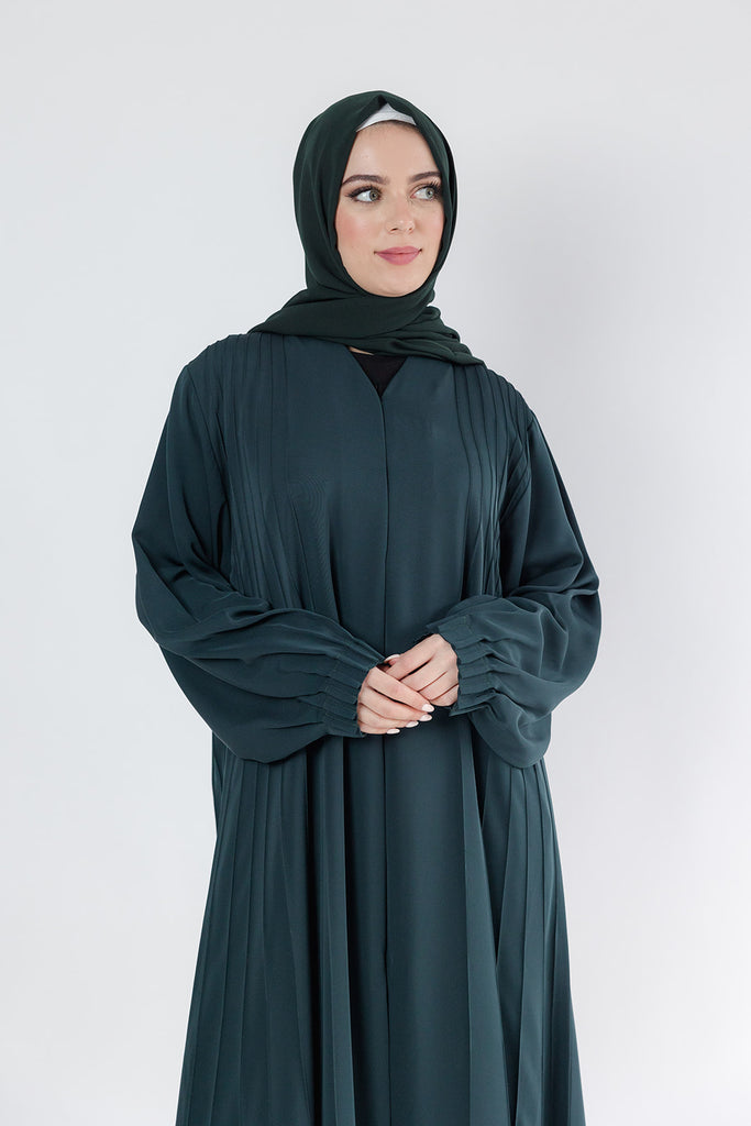 Dark Green Open Abaya – Luxury Striped Design