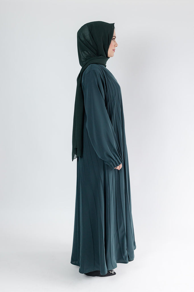Dark Green Open Abaya – Luxury Striped Design