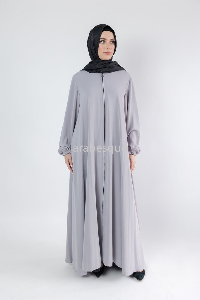 Grey Umbrella Abaya – Zip Front with Pockets & Elastic Sleeves