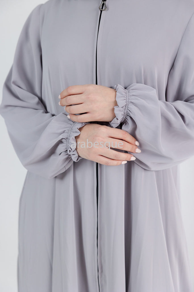 Grey Umbrella Abaya – Zip Front with Pockets & Elastic Sleeves