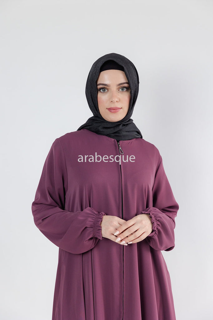 Mauve Umbrella Abaya – Zip Front with Pockets & Elastic Sleeves