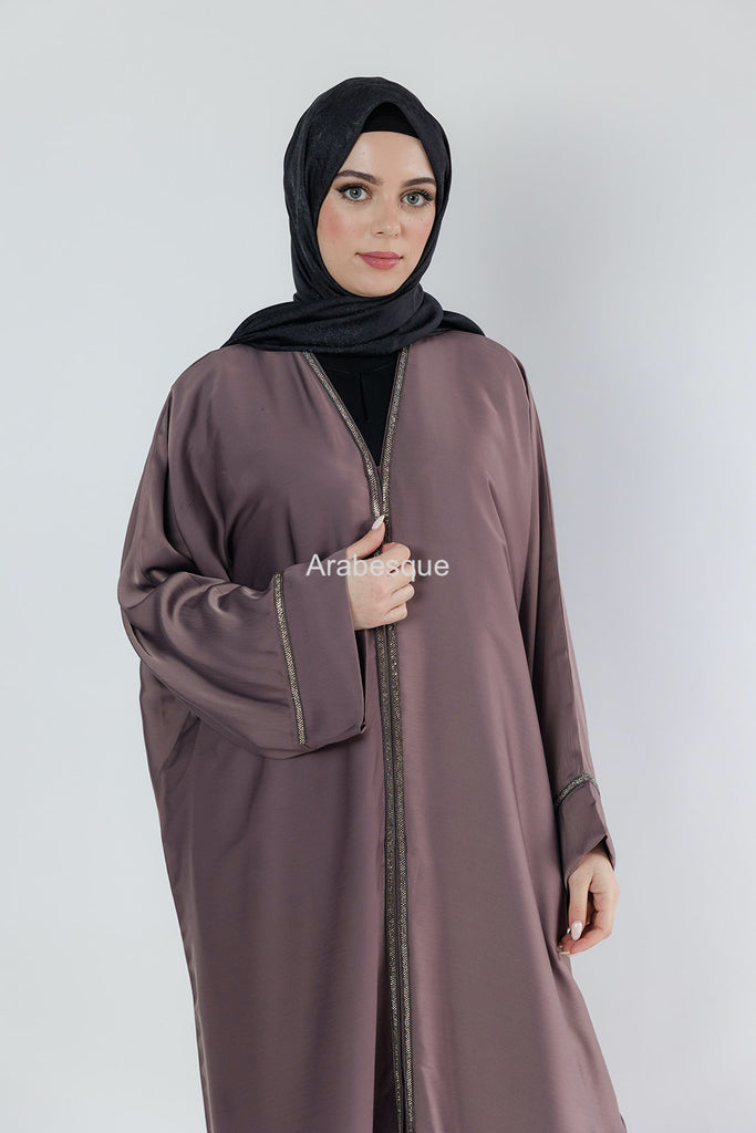 Mauve Open Abaya – Batwing Design with Diamante Detailing