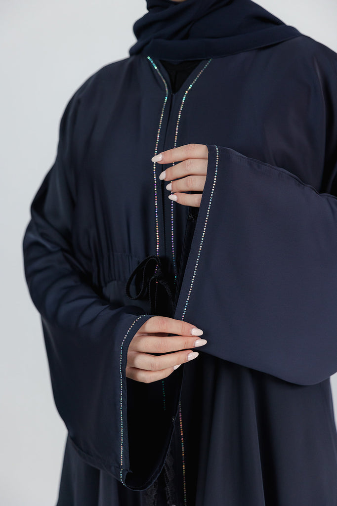 Navy Open Abaya – Luxury Embellished Layered Design with Drawstring Detailing