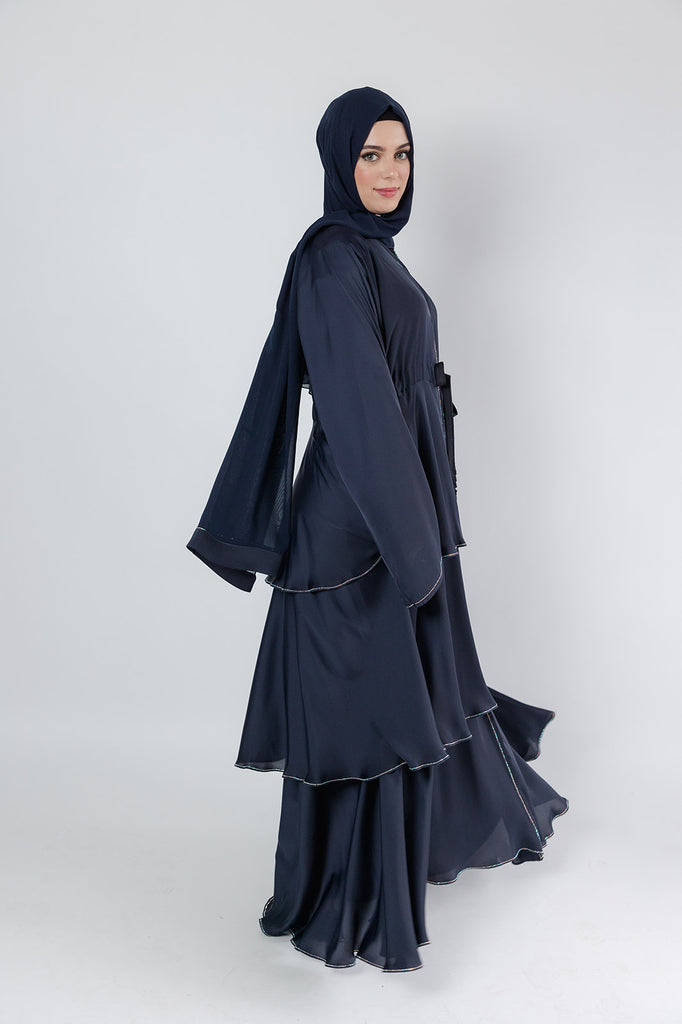 Navy Open Abaya – Luxury Embellished Layered Design with Drawstring Detailing