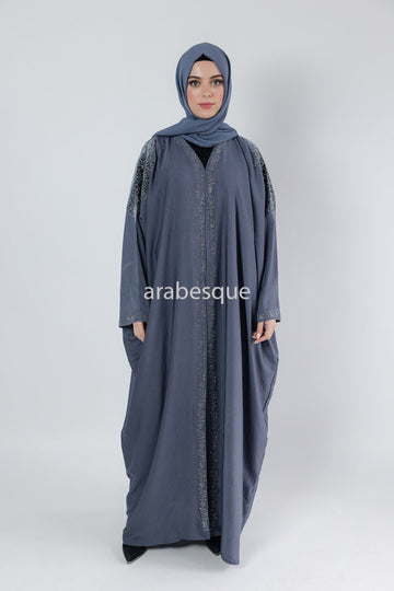 Grey Open Batwing Abaya with Velvet Floral Detailing