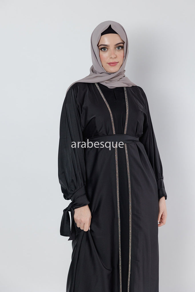 Black 4 Piece Set Satin Open Abaya Set