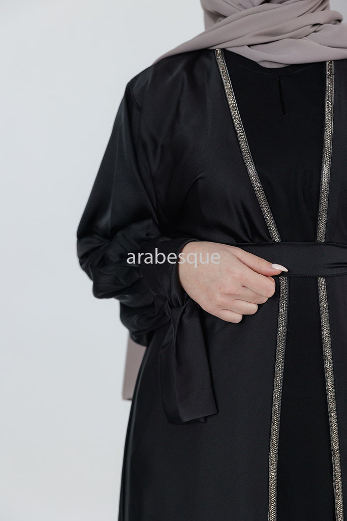 Black 4 Piece Set Satin Open Abaya Set
