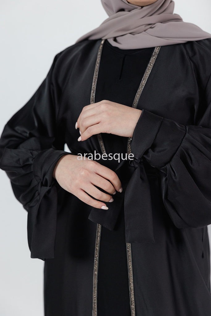 Black 4 Piece Set Satin Open Abaya Set