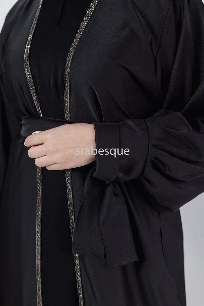 Black 4 Piece Set Satin Open Abaya Set