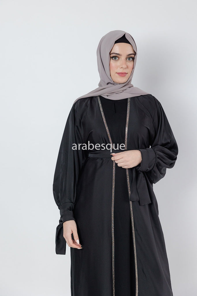 Black 4 Piece Set Satin Open Abaya Set