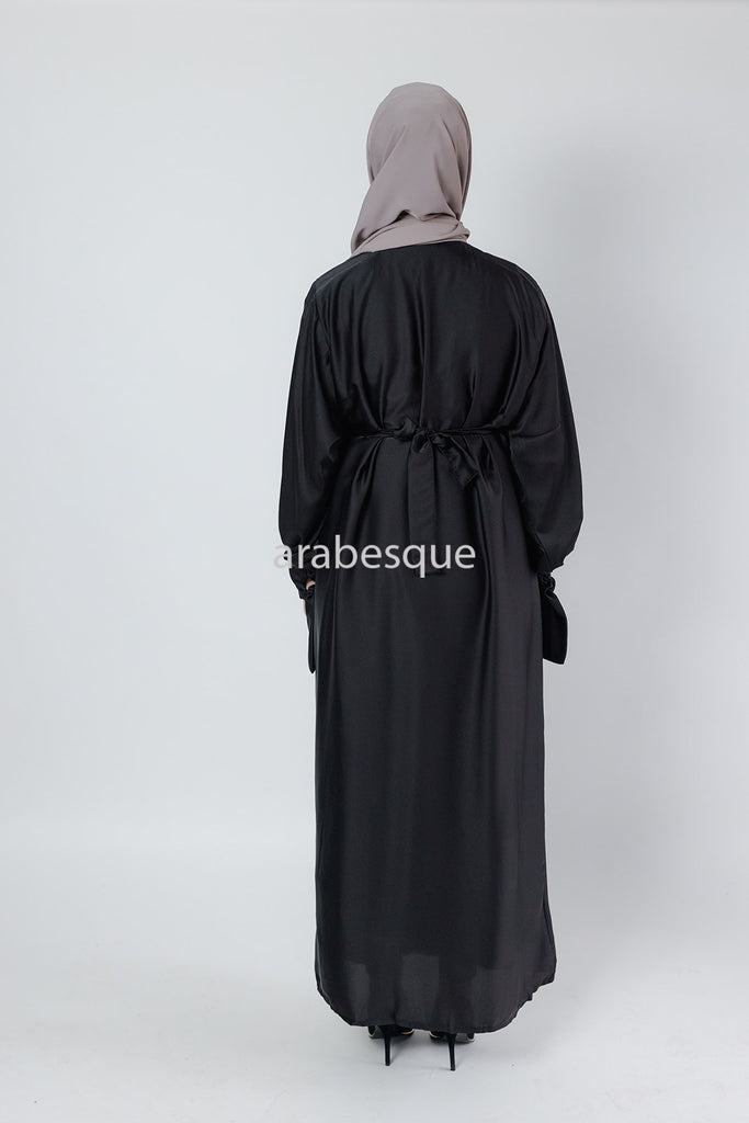 Black 4 Piece Set Satin Open Abaya Set