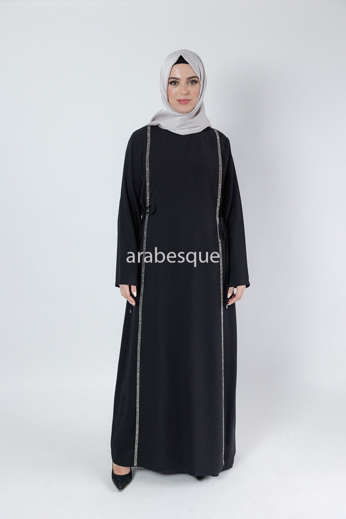 Faux Black Double closed Abaya with Diamante